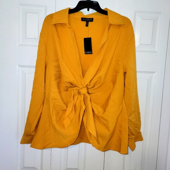 Eloquii Tops - Yellow Tie Front Button Up Collared Deep V-Neck Long Sleeve sgirt by Eloquii